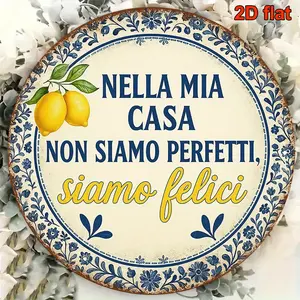 Metal Sign Wall Decor with Italian Home Quotes, Vintage Italian Kitchen, Dining Room, Living Room, Bedroom, Study, Lemon Theme with Italian Text,Round, Room Decor, Kitchen Decor, Vintage Design