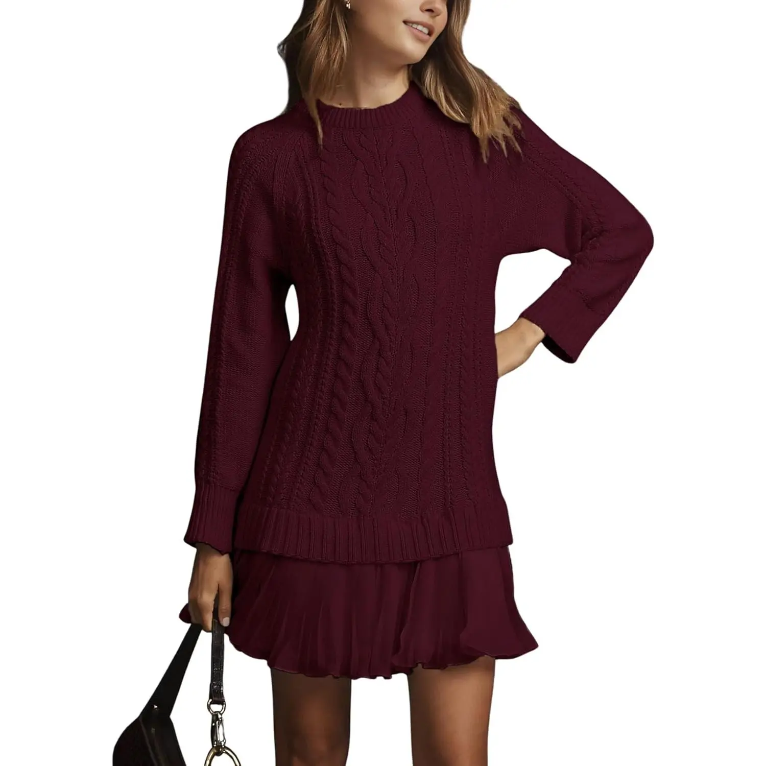 Women's Style Casual Cable Knit Twofer Jumper Dress - Long Sleeve Crewneck Pleated Mini with Patchwork for Fall Winter Indoor Leisure Activities