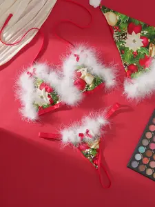 Women's Sexy Christmas Print Plush Lined Thong Set, 3-Piece Underwear Collection, Medium Support, Fitted Design, All Seasons Wear