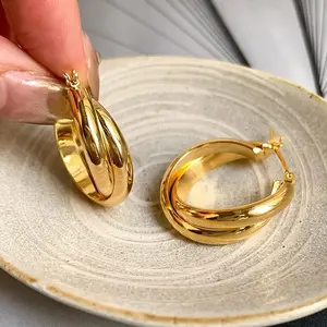 14k Gold Plated Double Layer Twisted Chunky Hoop Earrings for Women, Hypoallergenic Thick Gold Tube Hoops, Lightweight Statement Earrings for Daily Wear & Gift