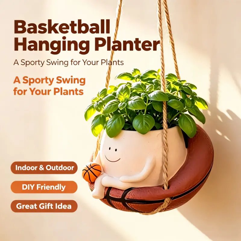 Weatherproof Resin Basketball Hanging Planter with Smiley Face - Cute Drainage Succulent Pot, Sports-Themed Wall Decor for Game Room, Unique Gift for Basketball Fans & Plant Lovers, Friends, Kids, Desk, Coffee Table