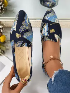 New Spring Autumn Women's Shoes, Casual Versatile Fashion Pointed Toe Flat Low Heel Single Shoe, Colorful Print Wedding Shoes, Large Size Comfortable Beanies