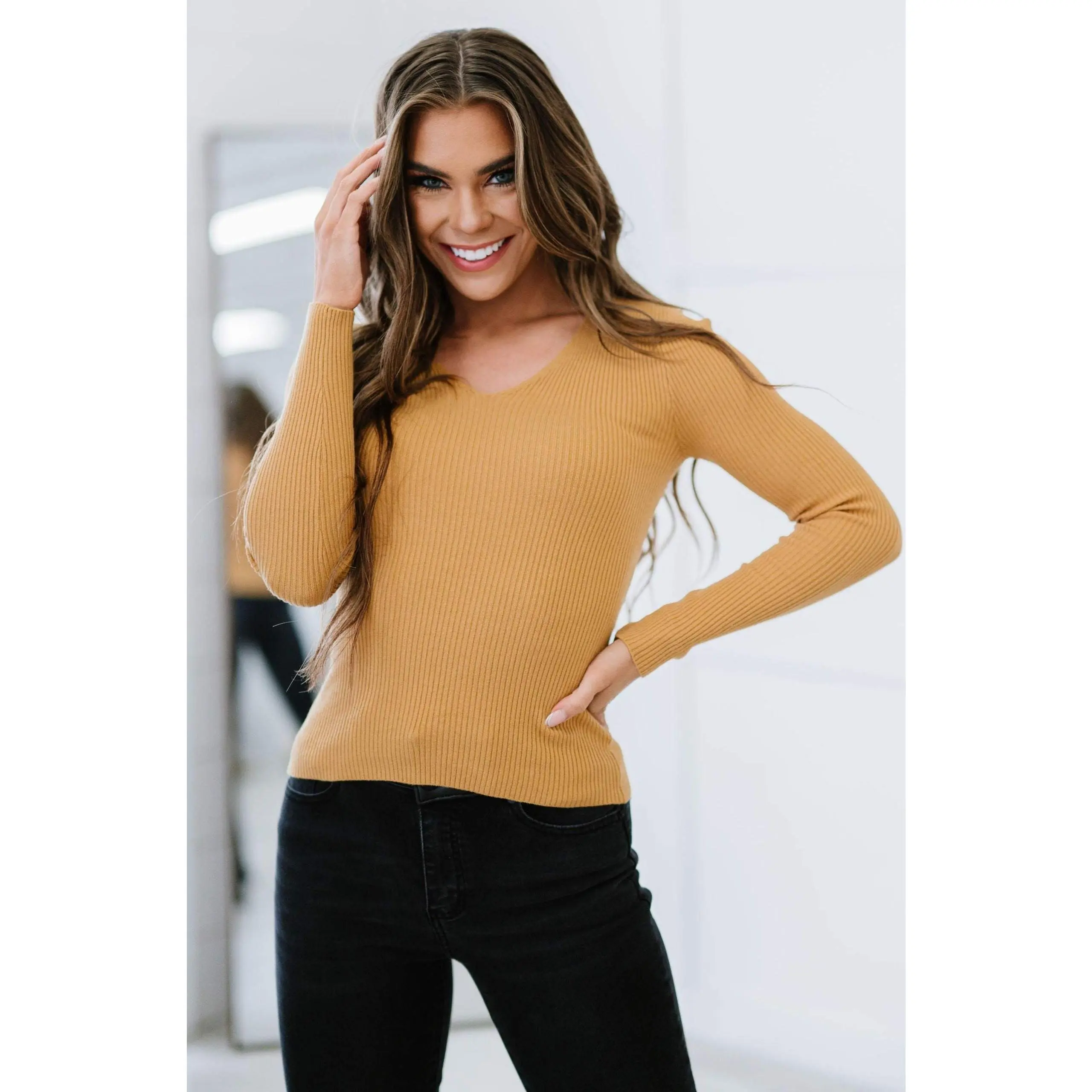 Helena Ribbed Long Sleeve Top - Mustard