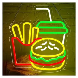 Sign Illuminated Hamburg Neon Sign French Fries LED Light Fast Food Commercial Signs For Restaurant Kitchen Shop Gatherings USB Powered 32cm×35cm Sign Illuminated