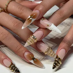 Grunge Leopard Chrome Stiletto Press On Nails, 3D Charms