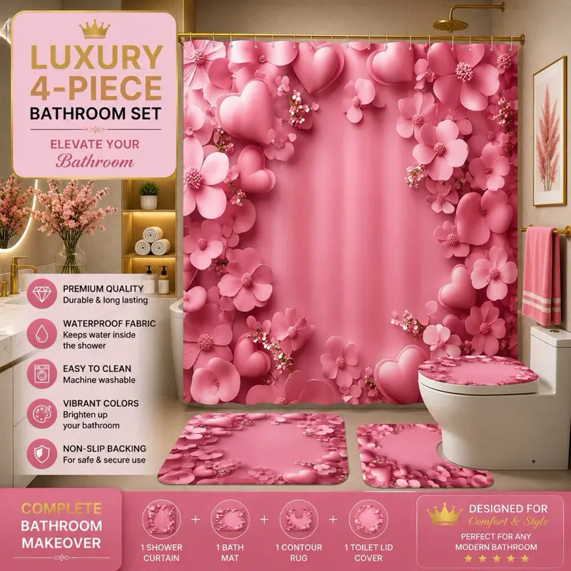 Luxury 4-Piece Floral Bathroom Set - Shower Curtain, Bath Mat, Contour Rug, Toilet Lid Cover