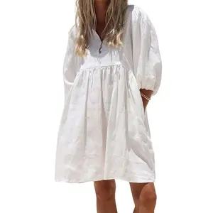 Chouyatou Women's Summer V-Neck Puff-Sleeve Dress Cotton Short Vacation Babydoll Dress