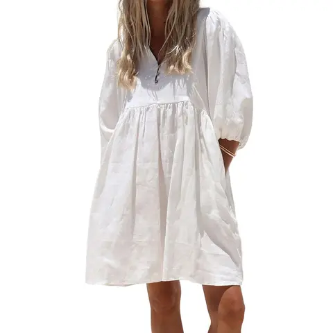 Chouyatou Lady's Light Loose Cute Summer V-Neck Puff-Sleeve Cotton Short Vacation Babydoll Dress with Elastic Details, Fit, Casual Wear, Button, Beach, Basic, Fashion Apparel, Women's Clothes, Puffy, Above Knee, Button Front, Daily, Breathable, Lightweigh