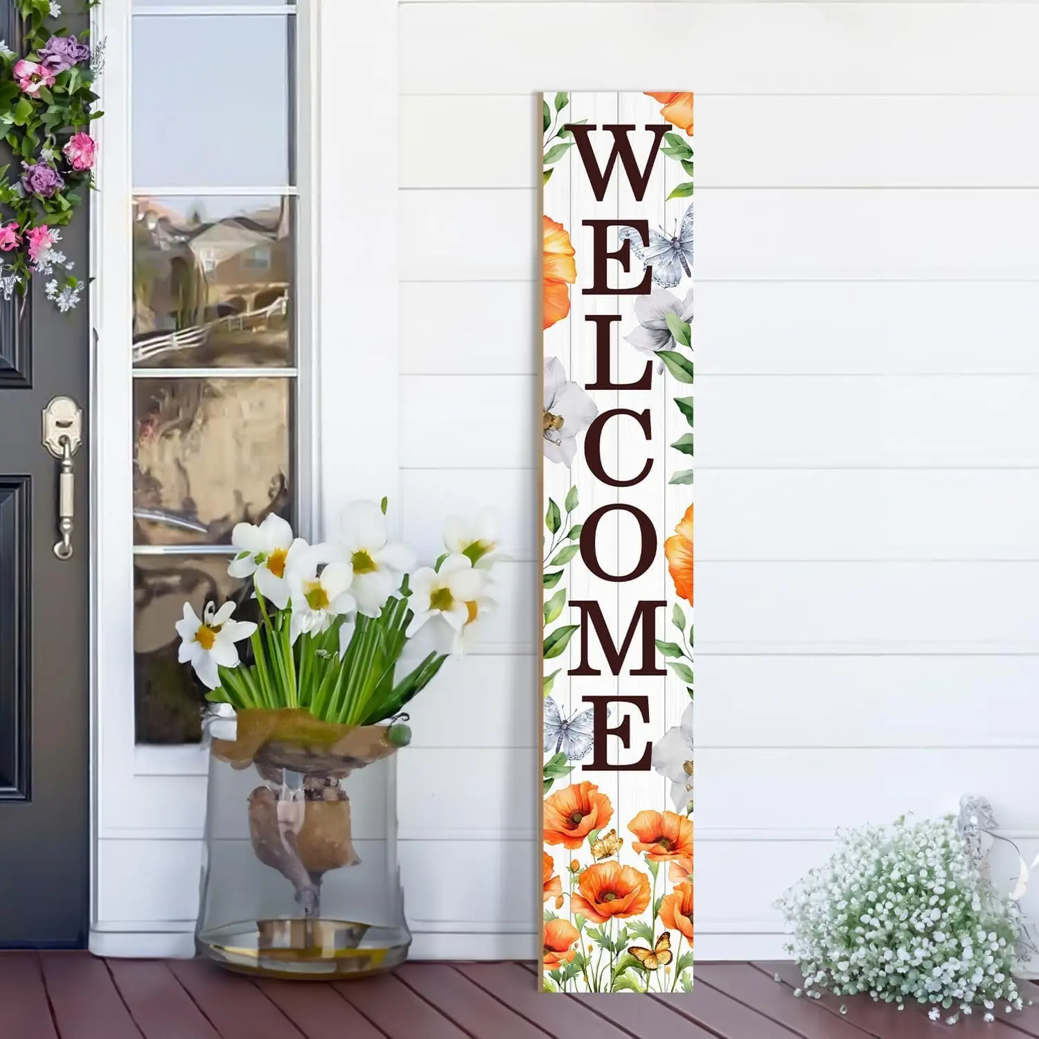 Spring Welcome Wooden Porch Sign 47.2" Spring Large Welcome Porch Sign Vertical Indoor Outdoor Standing Sign for Home Front Door Yard Season Decor