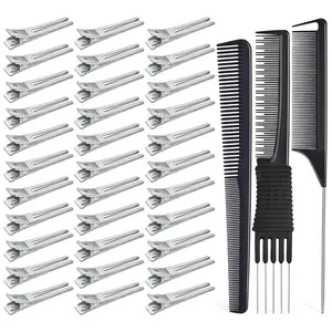 50 count Metal Hair Styling Clips,  No Crease Double Prong Hair Clips with 3 Parting Comb for Styling and Coloring