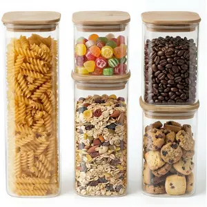 Square Glass Pasta Storage Containers, Set of 5, Pantry Organization & Storage Jars with  , Stackable Borosilicate Kitchen Canisters for spaghetti, Sugar, Coffee, and Cereal