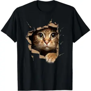 Summer t Shirts Cute kitten looks from torn fabric - Cats T-Shirt