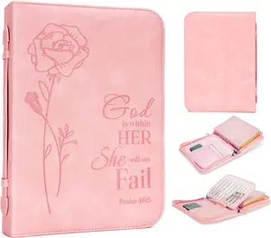 Pink Leather Bible Cover for Women, Standard Size Bible Holder Carrier Bag with Zipper & Pockets