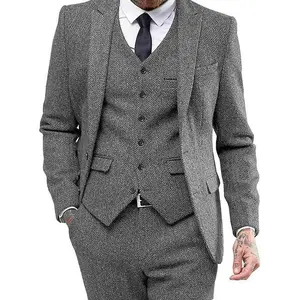 Men's retro three piece floral herringbone suit set - single button sports jacket, vest, and pants | Autumn new arrivals, formal business attire, groom's attire, and formal attire for casual parties