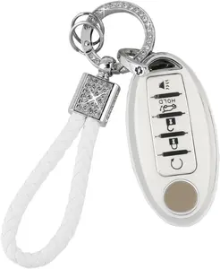 Car Key Cover for Nissan 5 Buttons Keys Fob Case TPU Bling Keychain for Nissan Altima Sentra Rogue Pathfinder Murano Armada Maxima Versa Girly Women White Silver