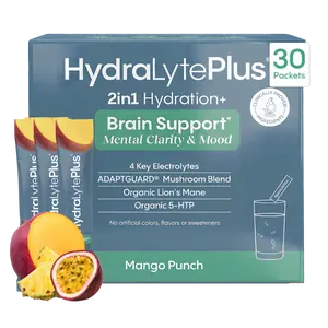Hydralyte Plus Brain Support | Electrolytes with Organic Lions Mane, Reishi & Cordyceps | Nootropic + Adaptogen Drink Mix with 5-HTP for Focus, Mood & Sleep Support (30 Pack, Mango Punch)