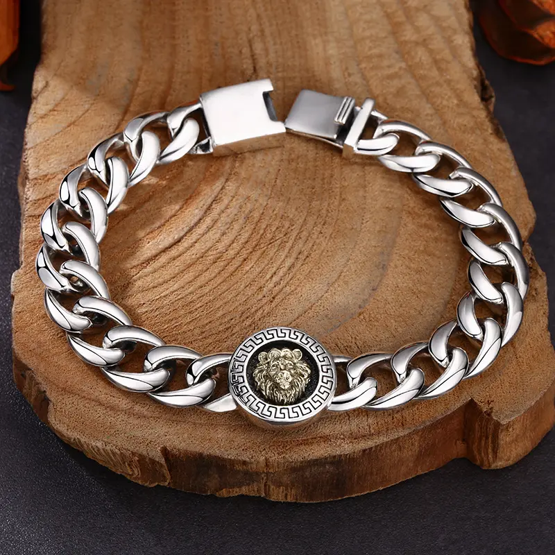 Fashionable and trendy golden lion bracelet, Chinese style lion Cuban bracelet, trendy vintage distressed jewelry