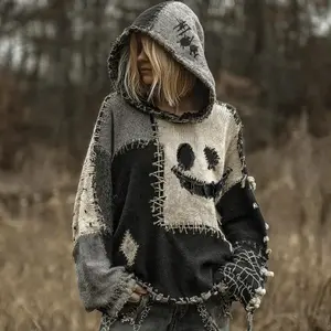 Autumn 3D Digital Printing Women's Hoodie Solid Color Simple Pattern Hooded Sweatshirt Halloween Face Patchwork Hoodie