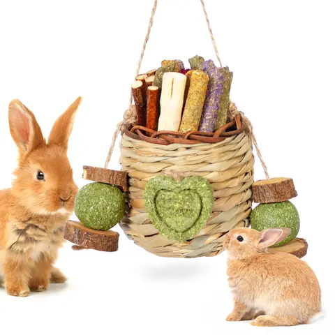 Durable Chew Floral Hanging Basket Rabbit Supplies Set - Rose & Chrys Foraging Chew Toys with Sweet Bamboo, Timothy Hay, Peach Sticks for Bunnies, Aids Digestion, Teeth Grinding, Stress Relief