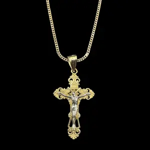 14K SOLID 2 TONE CUBAN LINK SET WITH 2 TONE CRUCIFIX PENDANT 20" 2MM