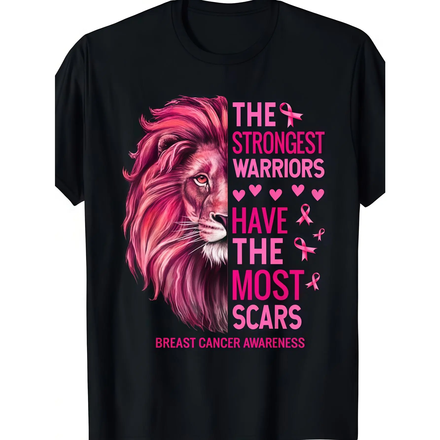 [100% Cotton] Menswear Oversized Unisex Short-Sleeve Graphic Tees - Pink Lion Print Breast Cancer Survivor Warrior Tee, Soft Breathable Moisture-Wicking, Loose Round Neck, Casual Wear Gift