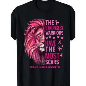 [100% Cotton] 100% CottonMen's & Women's Plus Size Breast Cancer Survivor Warrior T-Shirt - Pink Lion & Ribbon Awareness Design, Soft Breathable Moisture-Wicking Fabric, Loose Fit Round Neck Tee for Running, Casual Wear, Survivor Gift, Unisex Vintage Top