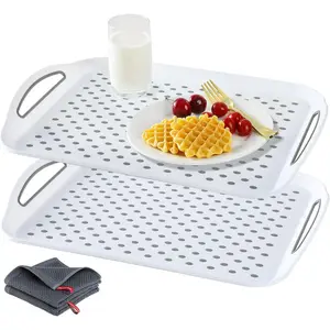 Large Non-Slip Serving Tray with Handles - Suitable Serving Tray,  Tray, Trays for Serving ,Serving Platters - an Ideal Dining Choice, White - 2 Pack
