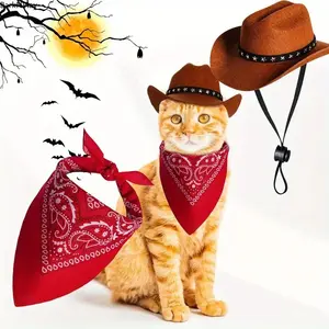 Pet Cowboy Costume Set for Dogs and Cats, Halloween Cowboy Hat with Bandana Scarf for Small Pets, Funny Western Style Pet Dress-Up Accessory for Parties, Photos and Holiday Costumes