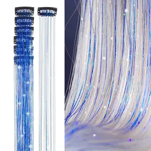12 Pcs Clip in Hair Tinsel Kit for Girls 22 Inch Glitter Fairy Tinsel Hair Extensions Colorful Heat Resistant Party Festival Accessories for Women (Sapphire Blue)
