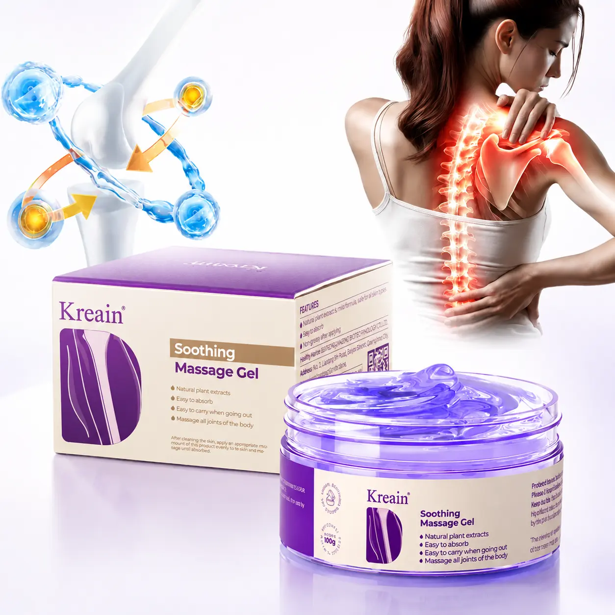 Kreain Nature Soothing Massage Gel 100g, Fast Absorbing Botanical Relaxing Gel for Muscle & Joint Care, Full Body Massage Lotion for Knees Shoulders Back Legs Hands Feet, Portable Herbal Body Care Gel for Home Fitness Travel, Non-Greasy Massage Gel