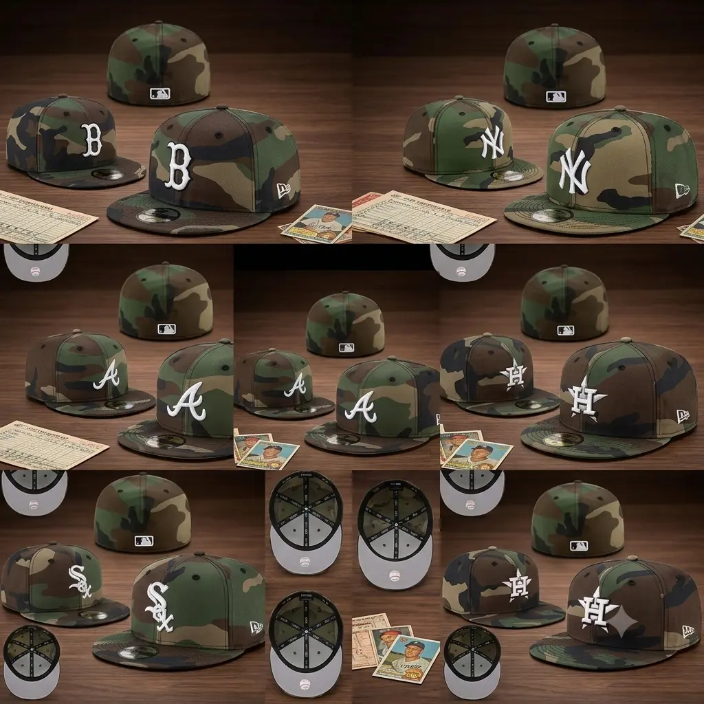 Camo Fitted Baseball Cap, Structured Flat Brim Hat with Embroidered Team Style Logo, Trendy Streetwear Headwear for Men & Women, Game Day, Casual Outdoor Fashion, Hip Hop Gift