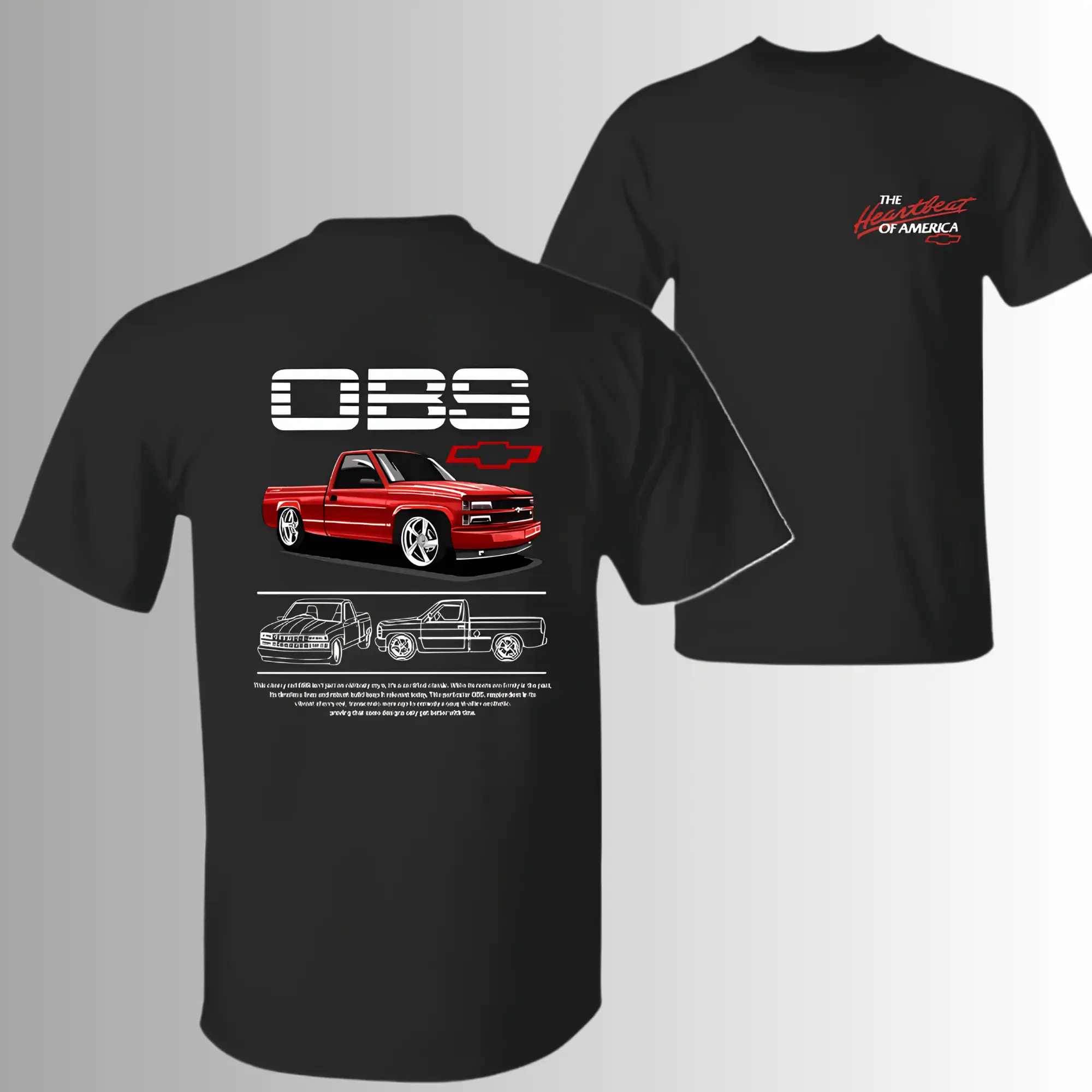 Red OBS Chevy Pickup Truck, 2 Sides, Heartbeat Of America Graphic Tee