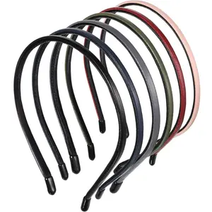 WILLBOND 6 Pieces Skinny Leather Covered Headband Thin Plastic Headband Hair Loop Clasp Hairbands Skinny Leather Headbands Solid Simple Bands for Women, 6 Colors