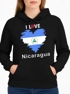 I Love Nicaragua Flag Heart Hoodie Black Patriotic Design For Travel & Casual Wear Unisex Winter Cozy Fleece Hooded Sweatshirt Long Sleeve Made In Usa Premium Quality Soft Cotton Fabric
