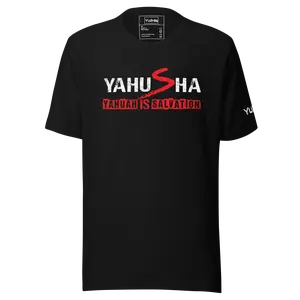 Yahusha Yahuah Is Salvation Tee - Black Cotton T-Shirt with Red Logo, Short Sleeve, Comfortable Design for Men, Streetwear Style