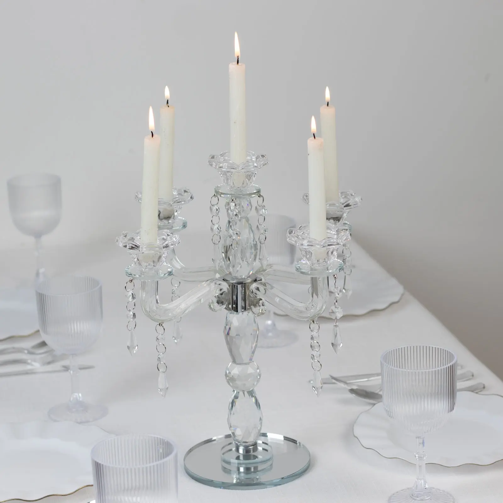 Crystal Candle Holder - 5-Arm Candelabra with Hanging Prisms, Round Mirror Base, Faceted Cut Glass Design, 14" Tall, Decorative Home Supplies for Homecoming, Anniversary