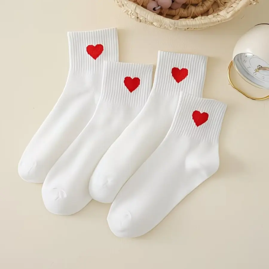 Women's Minimalist Basic White Solid Ankle Socks - Cute Heart Pattern, Low-Cut, Soft, Comfy, Breathable, 5-Pairs Multipack for Daily Outdoor Wear, White-5Pairs, Socks For Women, Moisture Absorbing