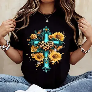 Sunflower and Leopard Heart Print Casual Short Sleeve T Shirt Perfect for Daily Wear