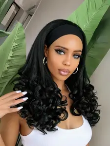 20 Inch Curly Headband Wig for Women, Glueless Synthetic Yaki Texture, Bouncy Curls, Natural Look, Full Machine Made, Curled Wig, Daily Wear