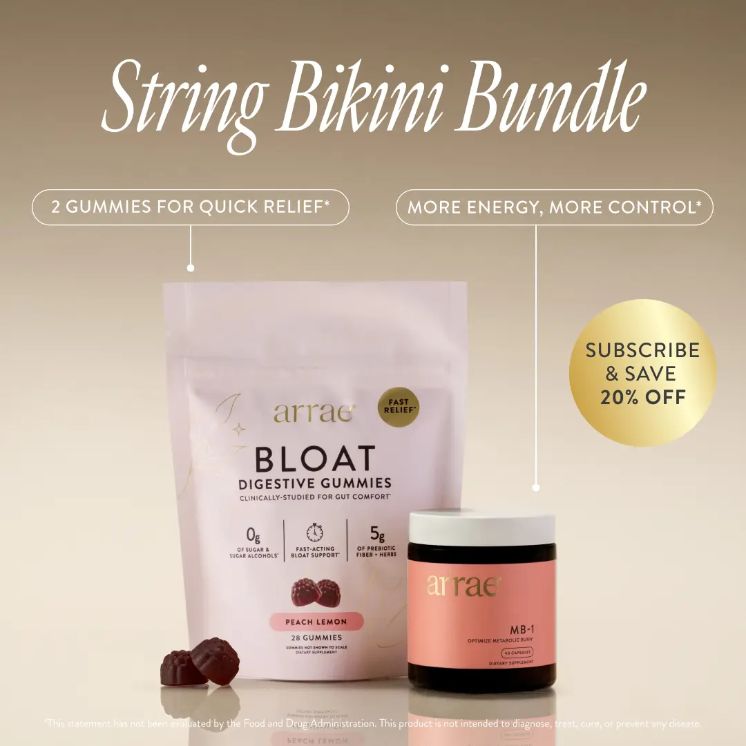 Arrae String Bikini Bundle | Fast-Acting Bloating Relief Digestive Enzymes + Natural Energy & Health Support | Organic Supplement Dietary Healthy Gut Probiotics Edible Debloat Detox Fitness
