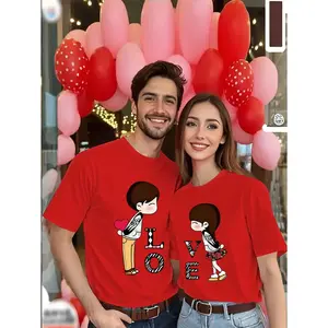 1pc Romantic Couple "Little and Little LOVE" Printed T-Shirt | Casual Round Neck Short Sleeve, Elastic, Machine Washable - Perfect for Valentine'S Day, Available in Multiple Colors, Single Piece