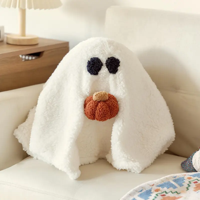 Cute Ghost with Pumpkin Pillow, 13" x 12" Halloween Ghost with Pumpkin Pillow for Fans Gift, Soft Stuffed Halloween Ghost Throw Pillow for Kids and Adults, Great Halloween Decorations