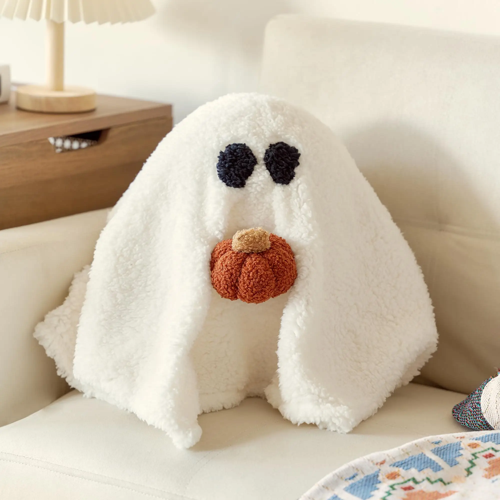 Cute Ghost with Pumpkin Pillow, 13" x 12" Halloween Ghost with Pumpkin Pillow for Fans Gift, Soft Stuffed Halloween Ghost Throw Pillow for Kids and
