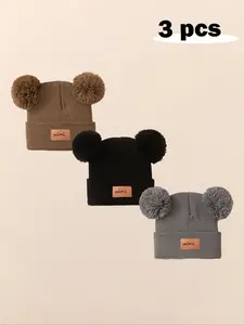 3pcs Baby Girl Newborn Toddler Pom-Pom Heart Beanie Hat, Cozy Knit Winter Warm Heart Cute Hat, Outdoor Baby Accessories Bunny Bonnet