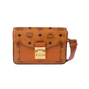 Women's MCM Millie Visetos Monogram Envelope Crossbody Bag with Secure Flap, Laurel Lock in Cognac