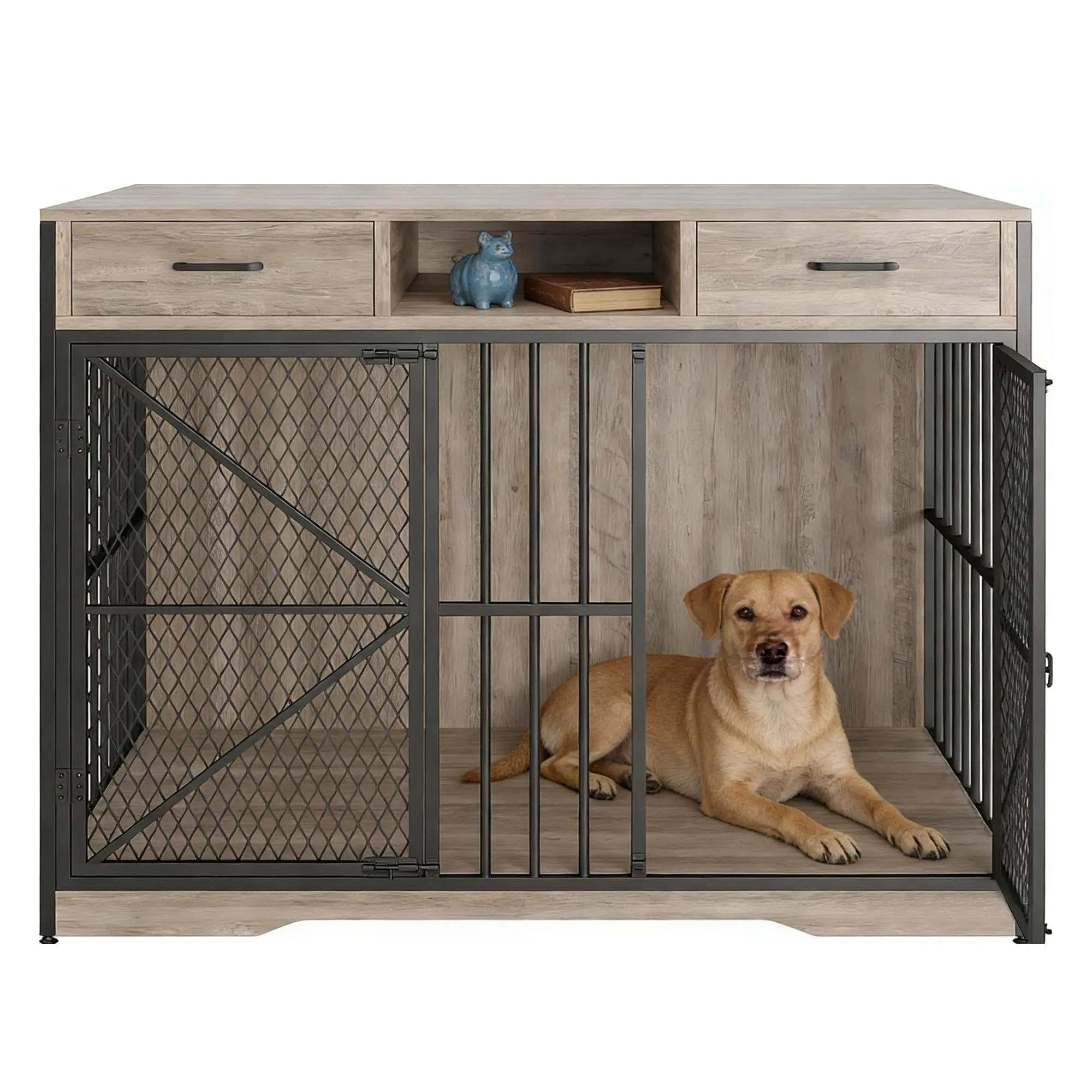 44 Inch Dog Crate Furniture, Heavy Kennel Coffee Table with Storage Drawer and Two Locked Doors, Suitable for Indoor Pet Cages of Medium and Small Varieties