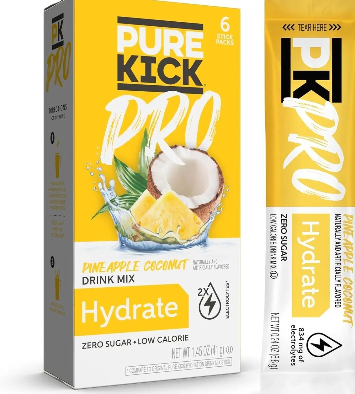 PURE KICK PRO Hydration Electrolyte Drink Mix, Pineapple Coconut, Includes 1 Box with 6 Packets in Each Box