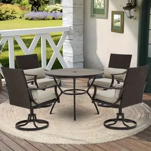 5-Piece Patio Set, Outdoor Dining Set with Round Dining Table & 4 Swivel Chairs with Armrests, PE Rattan Furniture for Deck/Backyard Outdoor Entertaining, Gray