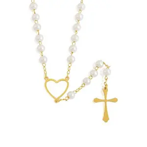 Stately Steel Pearl Heart Cross Rosary Necklace