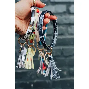 Brown Cowhide Bangle Bracelet Keyring With Tassel